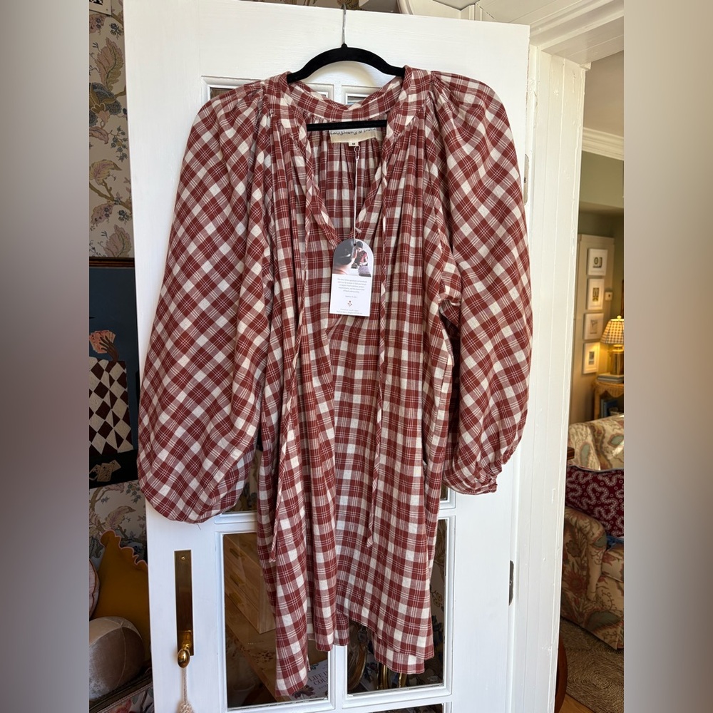NWT Daughters of India “Poet Dress”, red clay plaid, size medium
